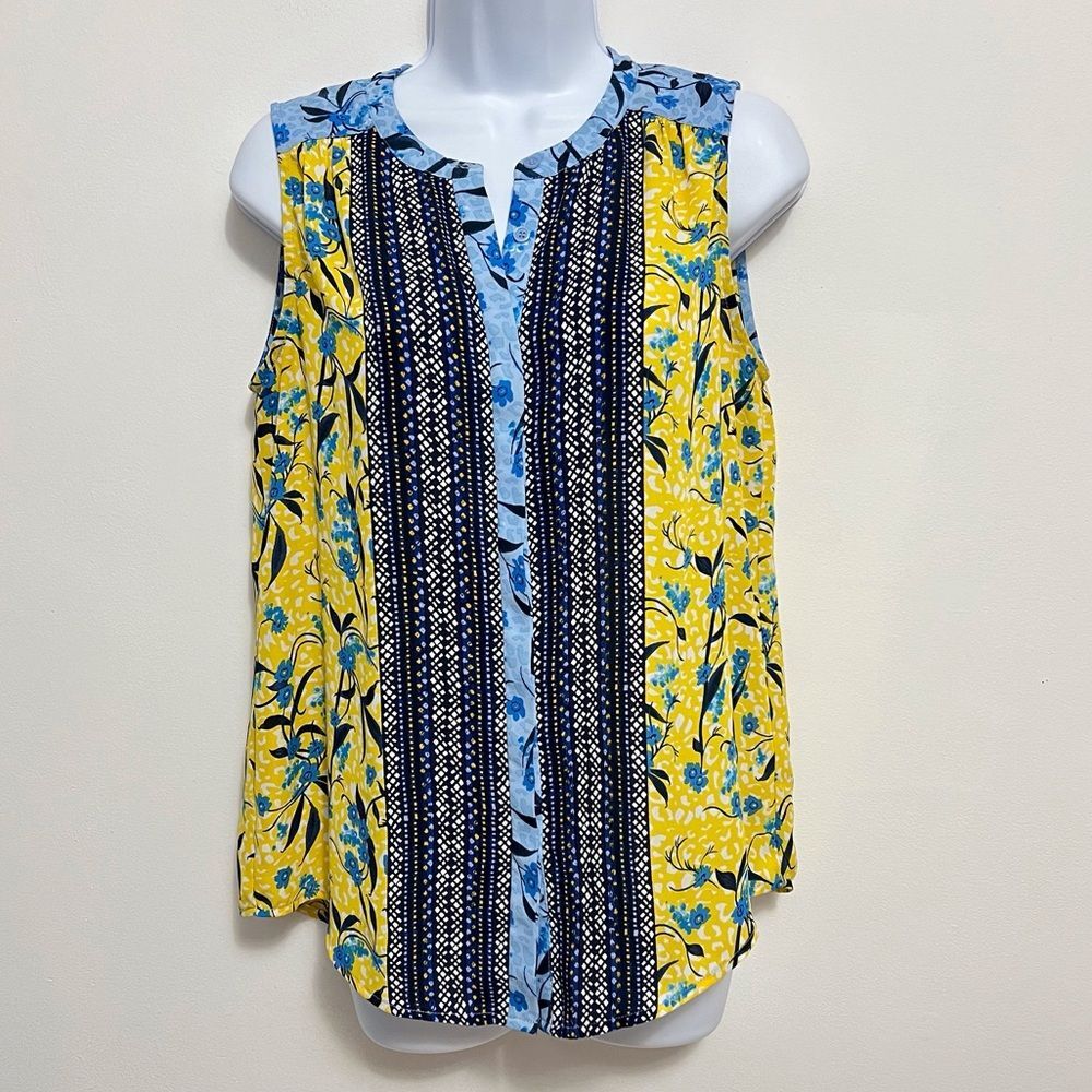 Dalia Blue and Yellow Sleeveless Blouse Size Small Button Up Mixed Print Boho